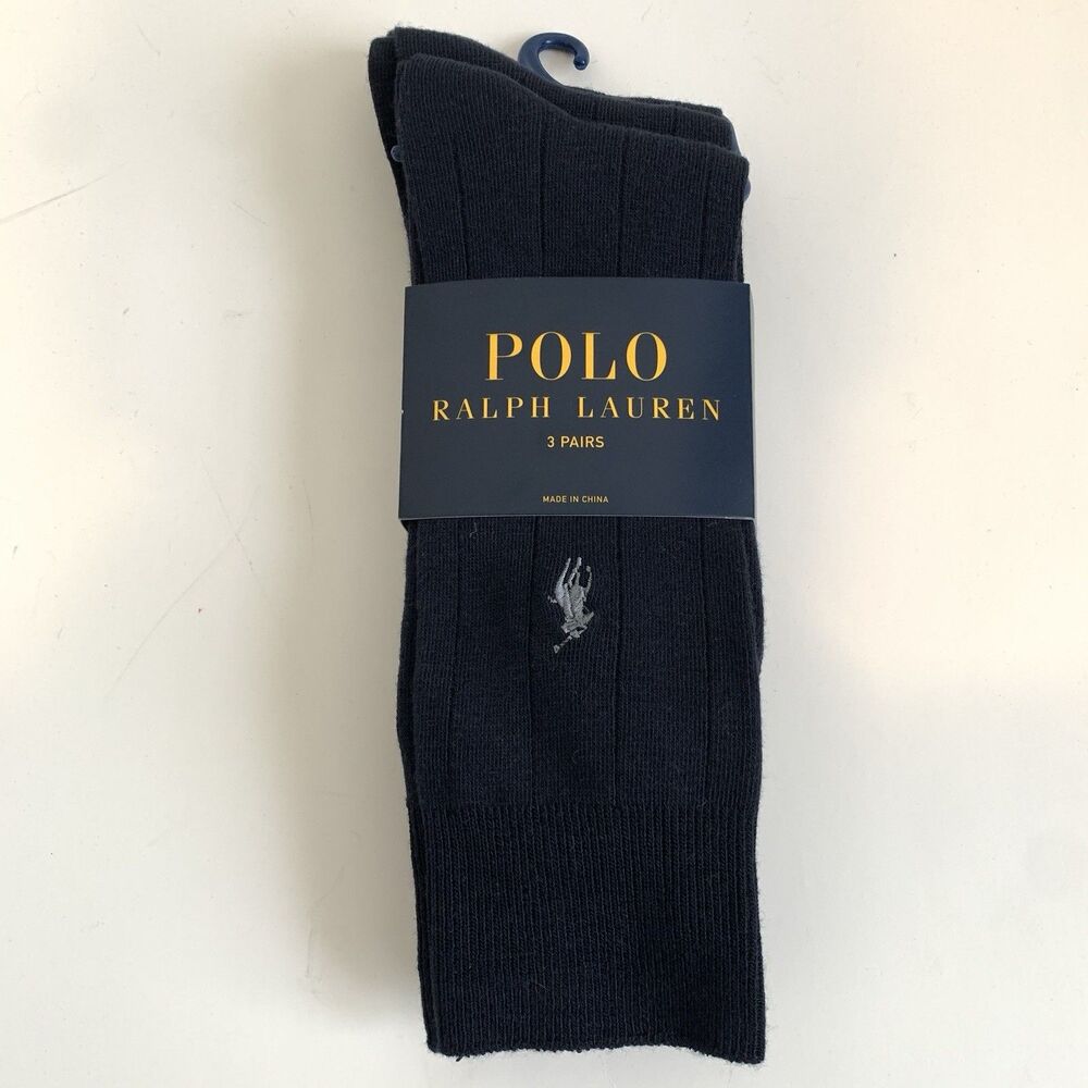 Polo Mens Ralph Lauren 3 Pairs Dress Socks Ribbed Navy Sock 10-13 / Shoe 6-12.5